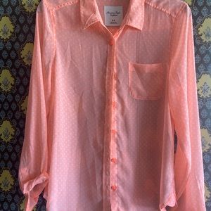 Sheer Peach and white polka dot blouse Size M